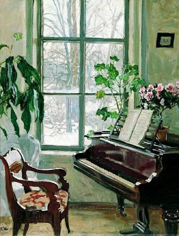 living room with piano